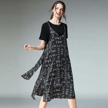 

Women's Two-piece alphabet halter dress summer new chiffon big size Elegant dress Large size ladies' temperament short sleeve
