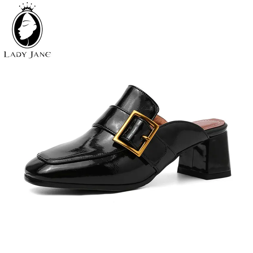 

Lady Jane Cow Muscle Square Toe Women Pumps 2019 Patent Leather Med Heel Buckle Slip On Loafers Shoes Square Heel Shallow Shoes