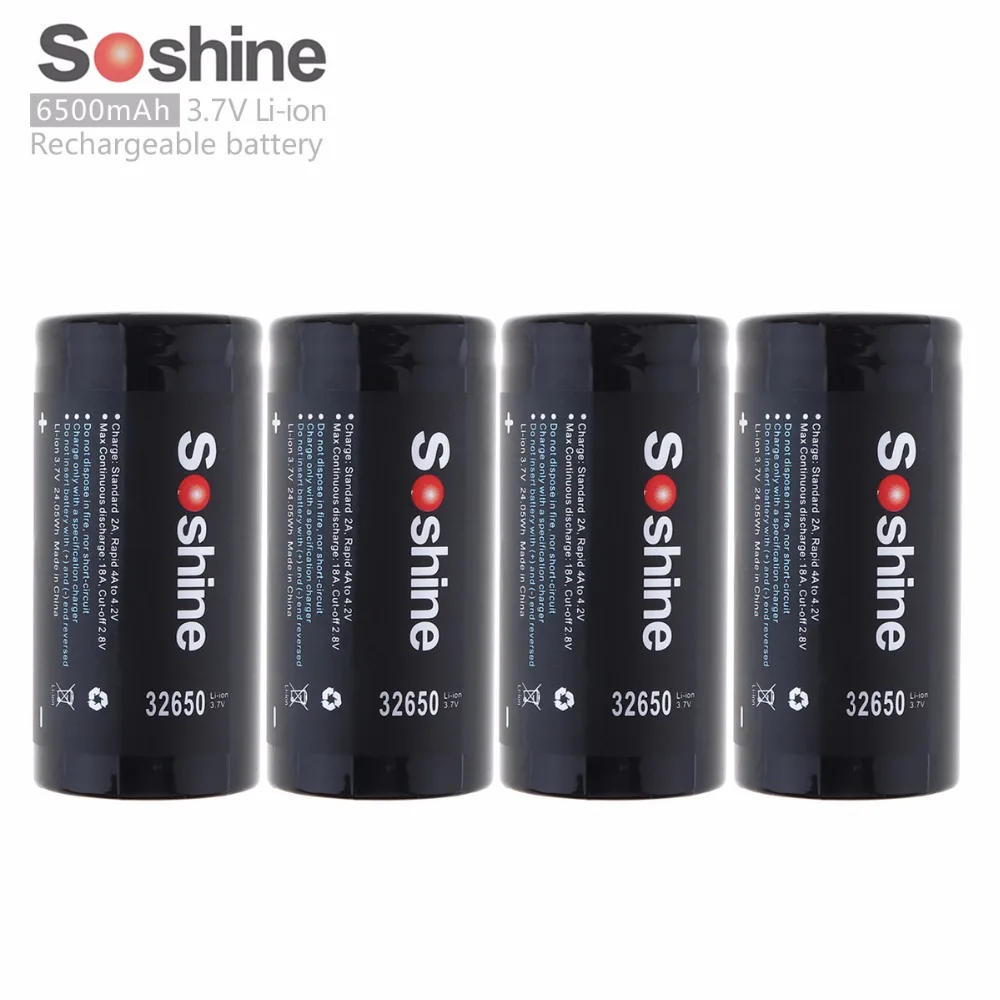 

4pcs/set Soshine 3.7V 32650 6500mAh Li-ion Rechargeable Battery with 18A Discharge Current for LED Flashlights