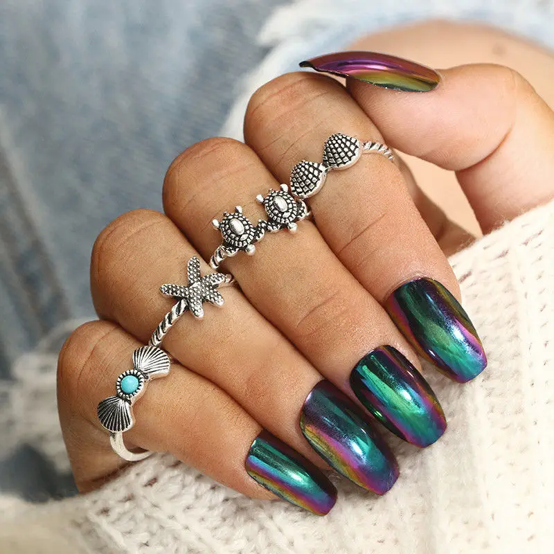 

Winterxue Vintage Beach Style Star Turtle Shell Finger Rings Set For Women Ethnic Boho Blue Stone Anillos Wedding Rings