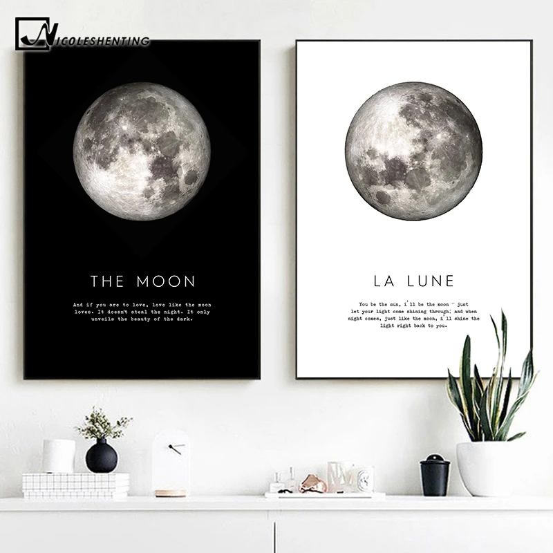 Black White Moon Photo Quotes Posters Prints Home Decor Wall Art Canvas Painting