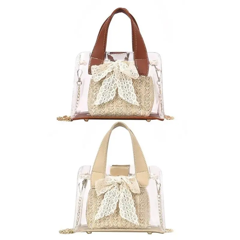 

Elegant Women Clear Transparen PVC Straw Bags Girls Bowknot Lace Small Crossbody Messenger Handbags Chain Mini Shoulder Bag Tote