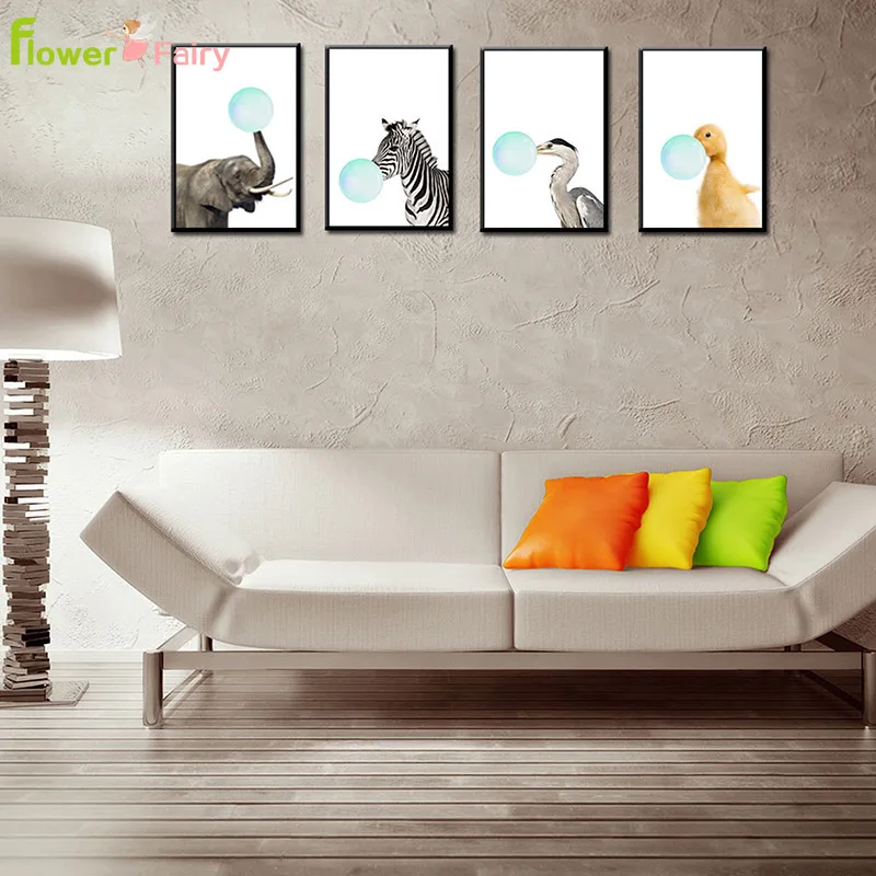 Cartoon Animals Wall Art Zebra Nordic Poster Pictures For Living Room Home Decor Canvas Painting Balloon Picture Print Unframed
