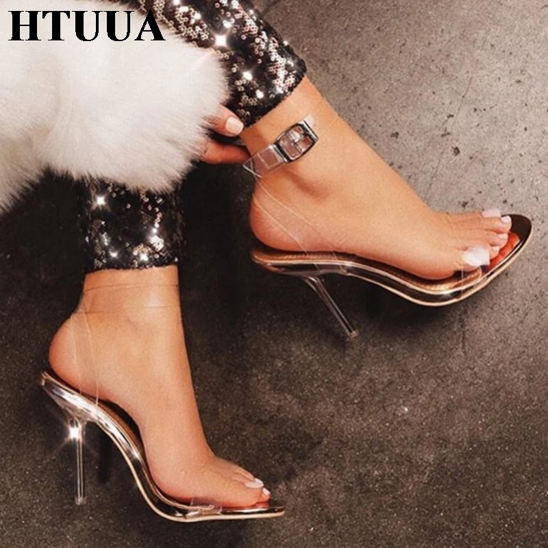 

HTUUA Big Size 35-42 Clear PVC Sandals Women 2019 Summer Shoes Woman Thin High Heels 11CM Heel Sandal Sandalia Feminina SX2663