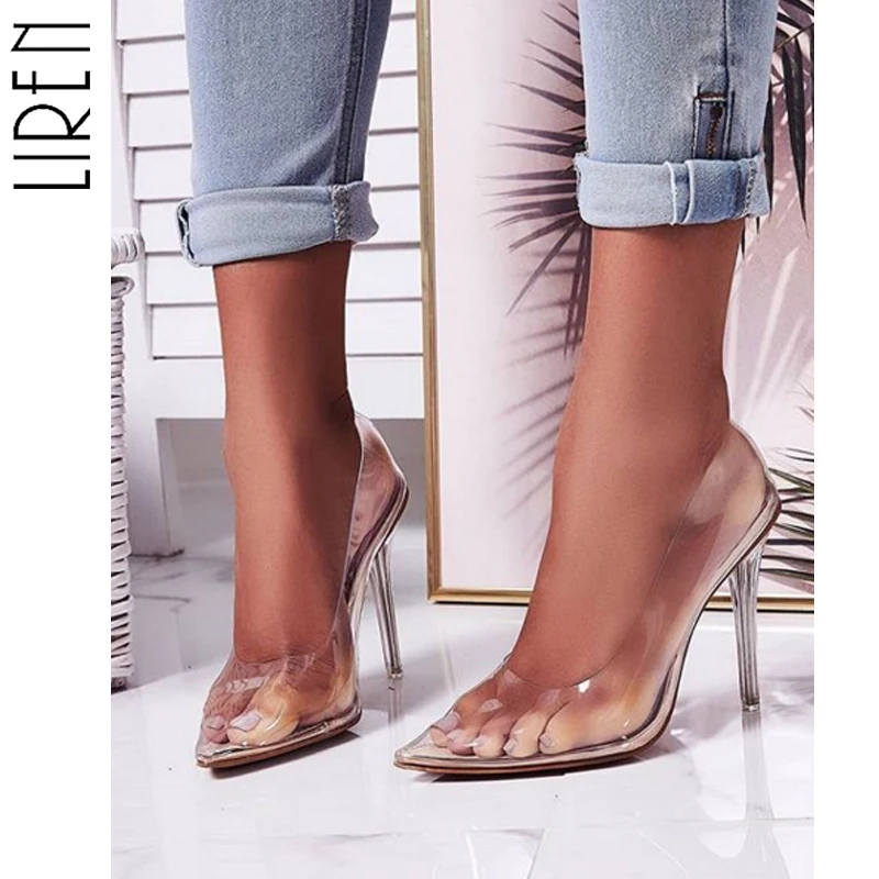 

Liren 2019 Summer New Fashion PVC Woman Transparent Sandals Thin High Heels Shoes Pointed Toe Pumps Slip on Solid Apricot 35-42