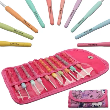 

With Bag Set Of 10Pcs Aluminum Crochet Hooks Knitting Needles Multi Color Soft Plastic Grip Handle Weave Craft
