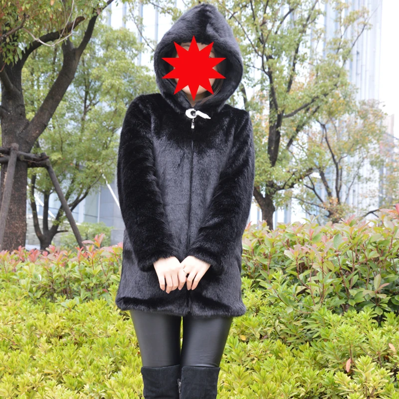 Женская Шуба из искусственного меха норки с капюшоном размера плюс 5XL 4XL XXXL Женская Шуба с капюшоном черная длинная верхняя одежда