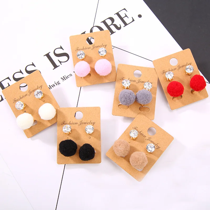 Image 6 Colors Black Red Pink Brown Grey Flannel Ball Shiny Crown Crystal Women Stud Earrings