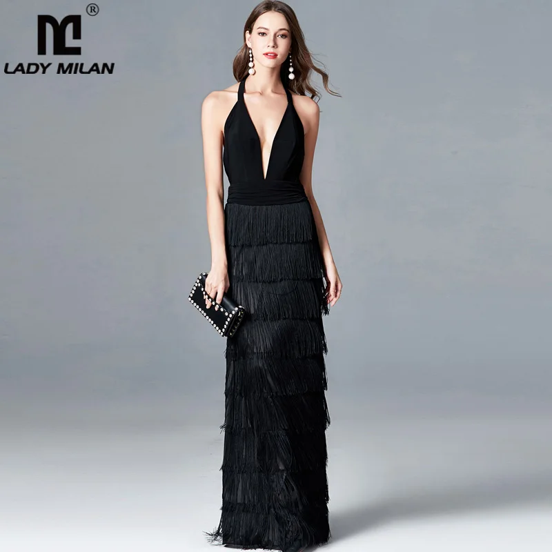 Lady Milan vrouwen Sexy Diepe V-hals Mouwloze Ruches Taille Tiered Kwasten Fashion Lange Jurken Elegant Runway Prom jurk