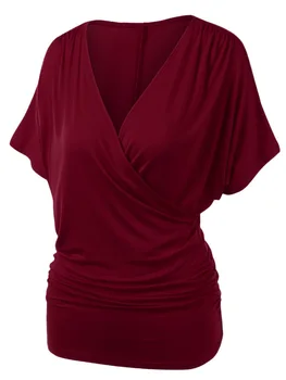 

Wipalo Women Fashion Plus Size 5XL Ruched Draped Wrap T-Shirt V Neck Short Sleelves Solid Casual Tee Summer Big Size Ladies Tops