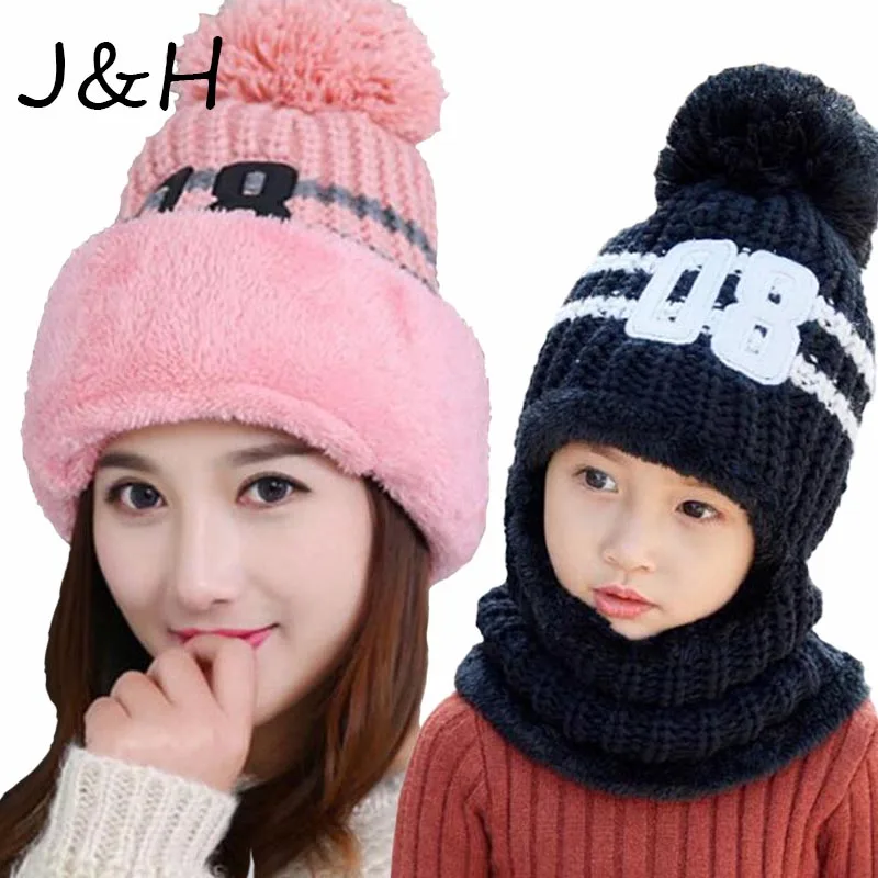 

Fashion Kids Boys Girls Warm Fleece Beanie Hat Mama And Children Winter Thick Knitted Hat For Women Family Best Gift