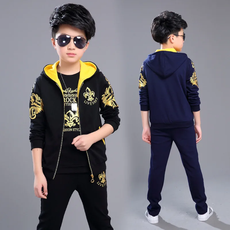 Boys 6-14 Years Sports 3 PCS Set(R Vest+ Pullover Hoodies+ Long Pant) Fashion Soft Cotton Spring Autumn Suits Big Boys Sets