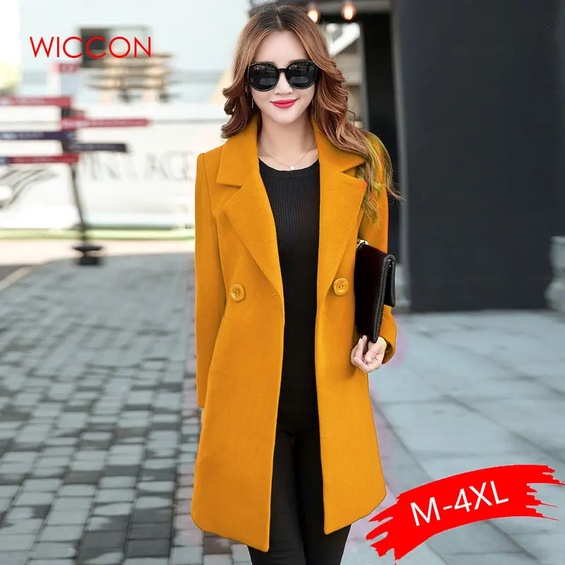 Осенне-зимняя женская куртка, желтое пальто, шерстяное пальто, костюмы размера плюс, большой, длинный, черный, тонкий, Смешанная одежда, верхняя одежда