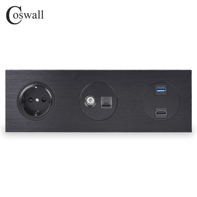Coswall Panel de pared de aluminio enchufe de la UE + conector de TV hembra con salida de Internet