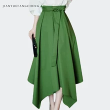 Плиссированная длинная юбка Асимметричная Длина по щиколотку Женская высокая талия А-силуэт макси юбки с поясом плюс размер 4XL однотонный хлопок Jupe Femme