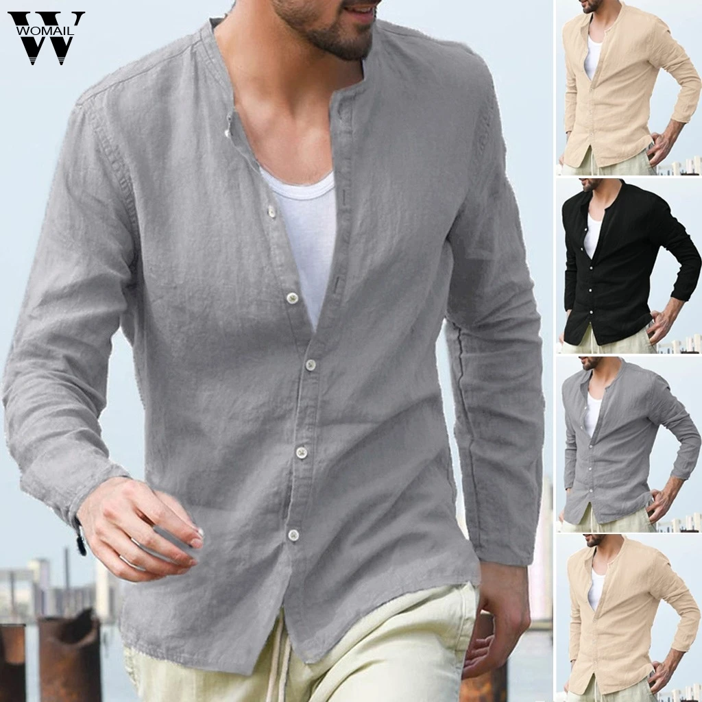 

Womail Shirt Men's summer New fashion 2019 Long Sleeve Cotton Linen Solid Button Beach Shirt Daily high quality Casual M517