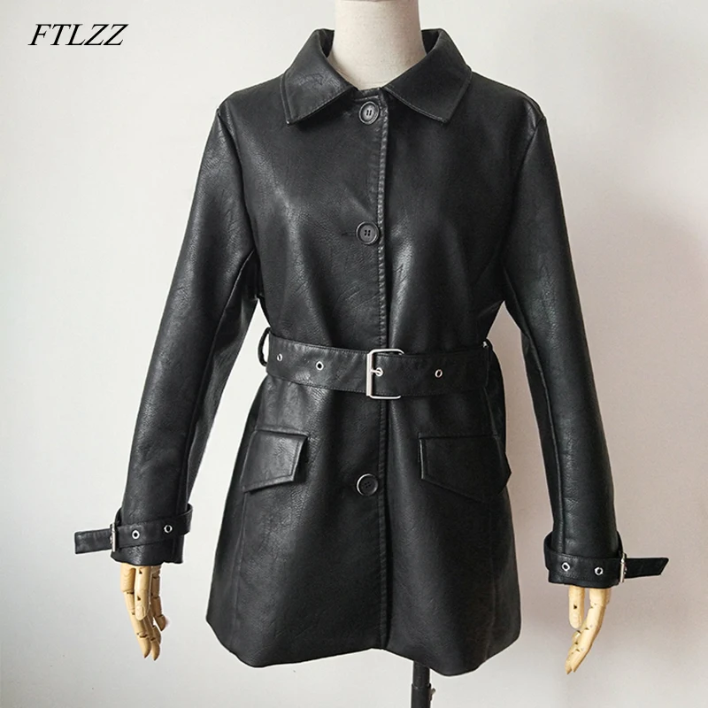 

FTLZZ 2019 New Women Black Faux Leather Long Jackets Autumn Winter Single Breasted Basic Coat With Blet Biker Jacket