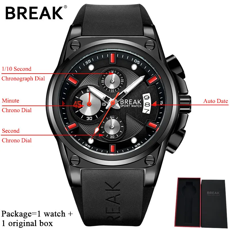 Часы BREAK, мужские роскошные брендовые кварцевые часы, модные спортивные часы с хронографом, мужские часы 5623 - Цвет: black red n box