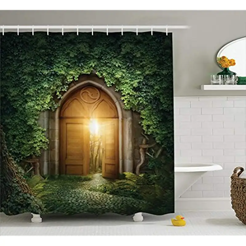 

Vixm Fantasy House Decor Sun seen Through Mysterious Half Opened Wooden Entrance With Greenery Shower Curtains