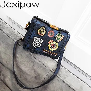 

Rivet Women Embroidery Monogram Handbag Badge Pattern Female Shoulder Bags Color Pu Leather Lady Messenger Flap Bolso De Dordado