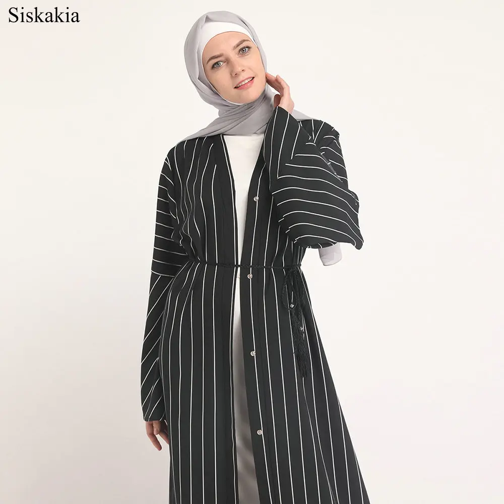 Siskakia Muslim Elegant Stripe Patchwork Single breasted Cardigan Robe Abaya Women Eid High Waist Flare Sleeve Slim Sashes Abaya (5)
