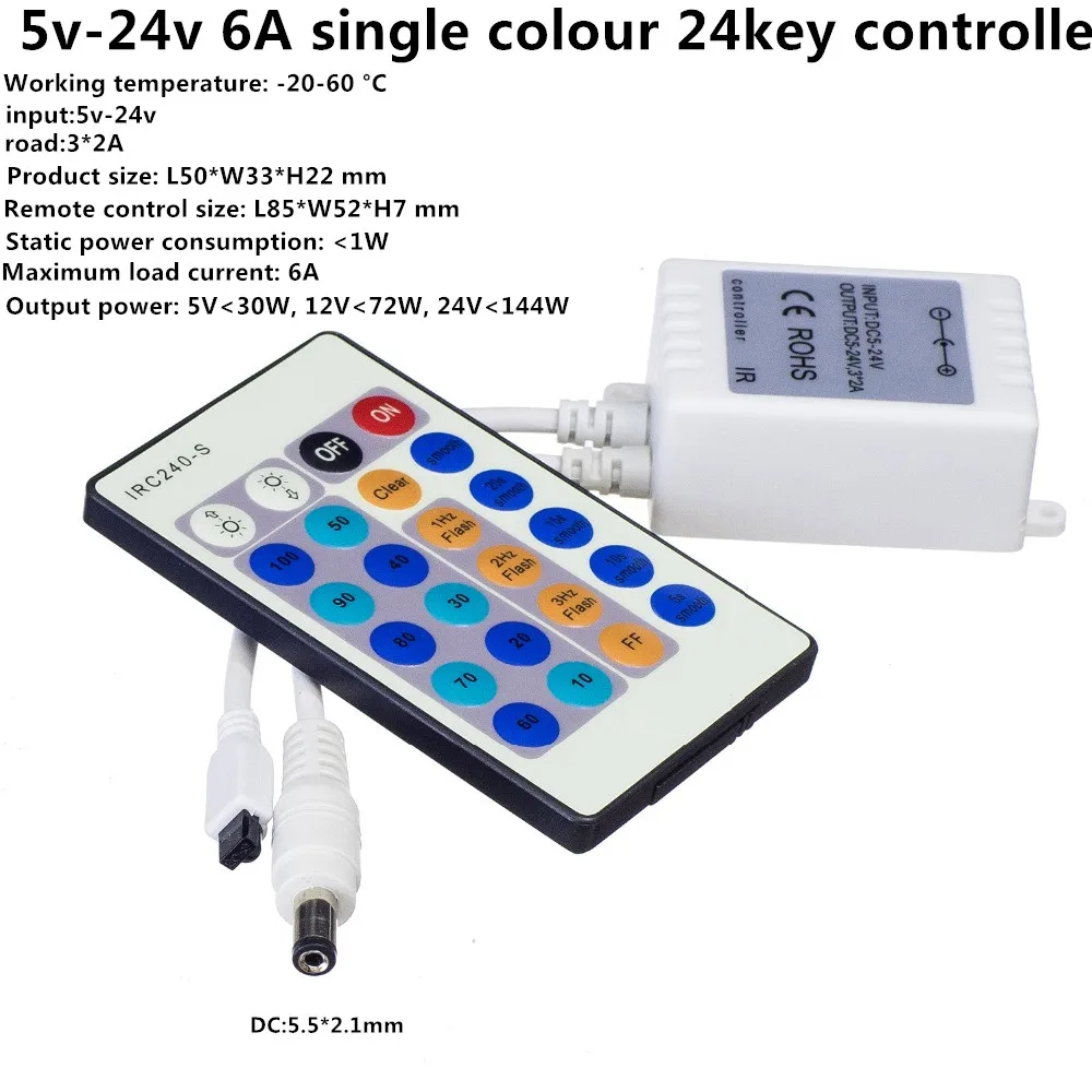 Wireless 24Keys 3*2A RF IR Remote Controller For Single Color 3528 5050 2835 5630 3014 LED Strip