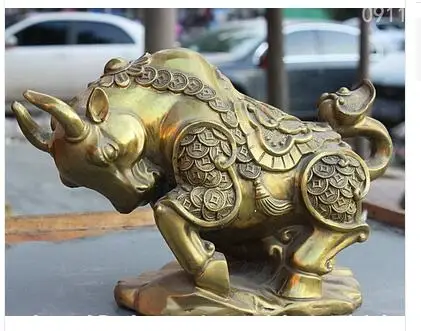 

wholesale factory Decoration Crafts Brass 11 China Brass Wealth Money Coin Ruyi Zodiac Ox Bull Market Cattle Bovine Statue