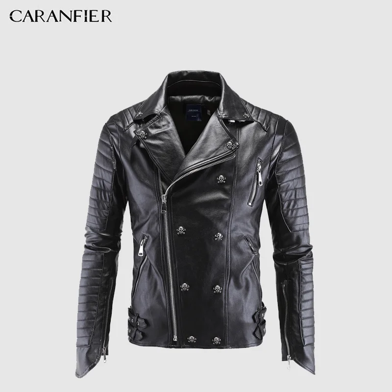 Мужская кожаная куртка с заклепками CARANFIER, Черная байкерская мотоциклетная куртка в стиле панк-рок, большие размеры, M-5XL