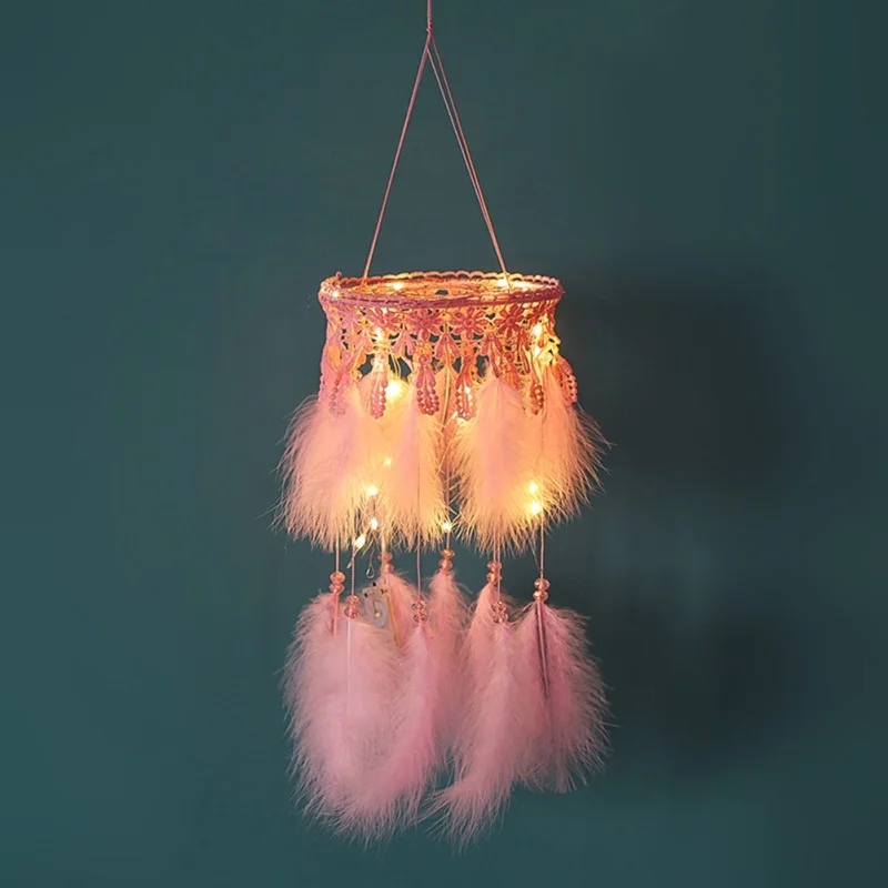 Dream Catcher Feather Girl Style Handmade Dreamcatcher With String Light Innovative Home Bedside Wall Hanging Decoration 1Pcs