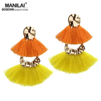 

MANILAI Bohemian Layered Alloy Tassels Earrings For Women Statement Jewelry Multicolor Cotton Fringed Dangle Earrings Brincos