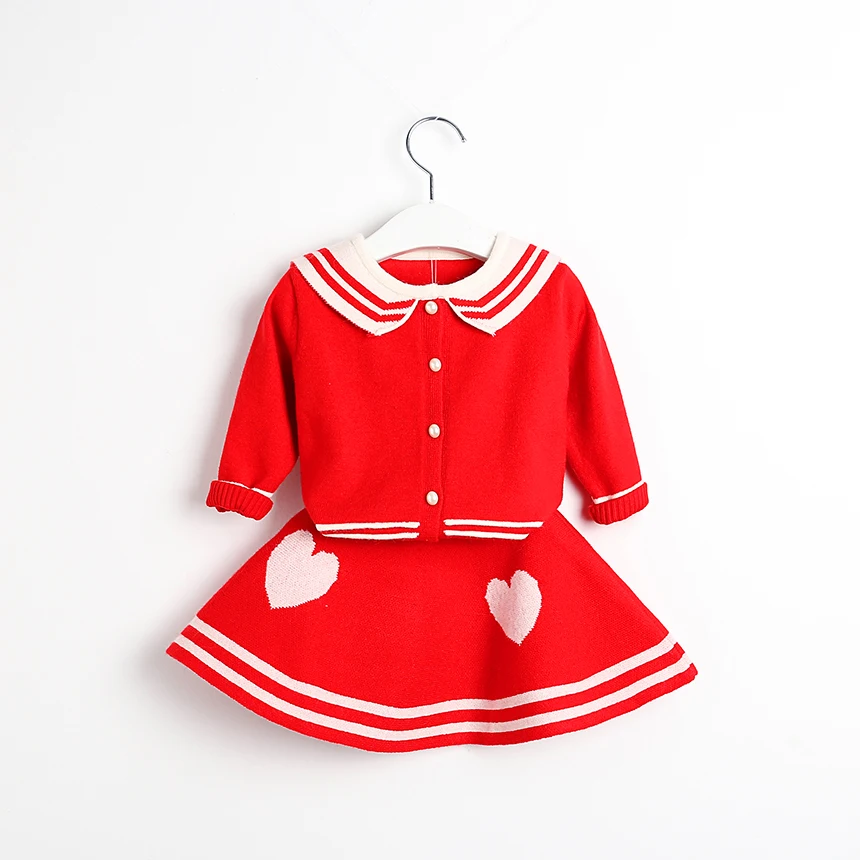 

Girl Spring Fall Outfits Cute Heart Pattern Wholesale Kids Lots Bulk Clothes Autumn Toddler Crew Neck Sweater Skirt Set Uniform