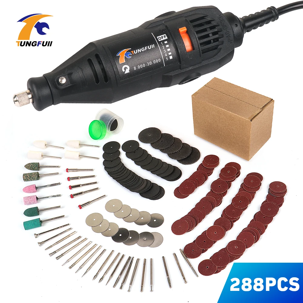 TUNGFULL Dremel 130w Polished Engraved Power Tool With 288pcs Dremel Accessories Electric Woodworking Tools Mini Drill Engraver