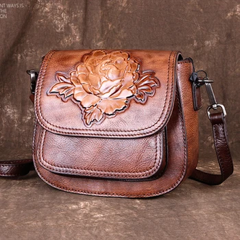 

High Quality Vintage Sling Messenger Shoulder Bags Female Leisure Small Embossed Women Genuine Leather Messenger Floral Bag