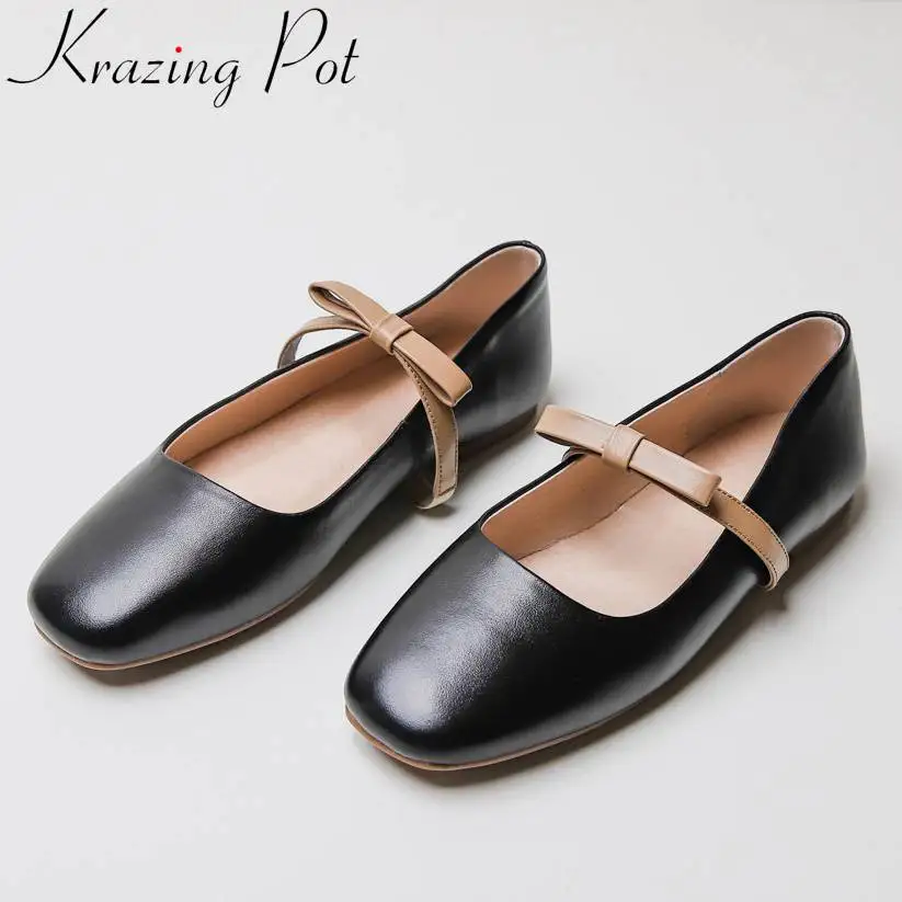 

Krazing Pot handmade natural leather mixed colors butterfly-knot art girls elegant loafers slip on square toe grandma shoes L29