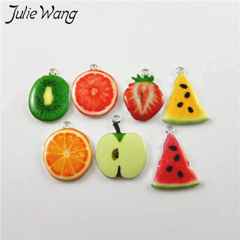 Julie Wang 10pcs Green Apple Kiwi Orange Strawberry Cute Fruit Shape Enamel Alloy Little Charms Women Jewelry Findings Hot Sale - Окраска металла: Mixed