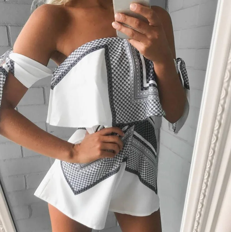 

women's summer off shoulder Rompers print short Jumpsuit printing pleated Overalls Female chest wrapped Playsuit