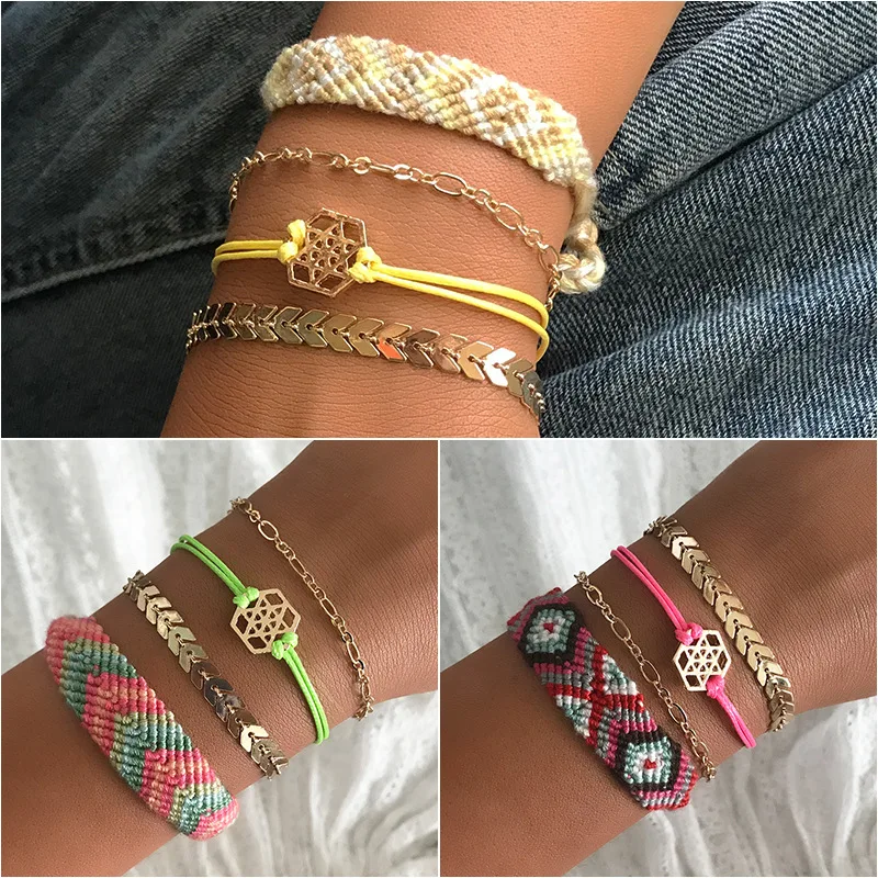 

8Seasons Fashion Bohemian Bracelet Set Gold Color Link Chain Colorful Wax Rope Chain Trendy Accessories For Women Gift,1 Set