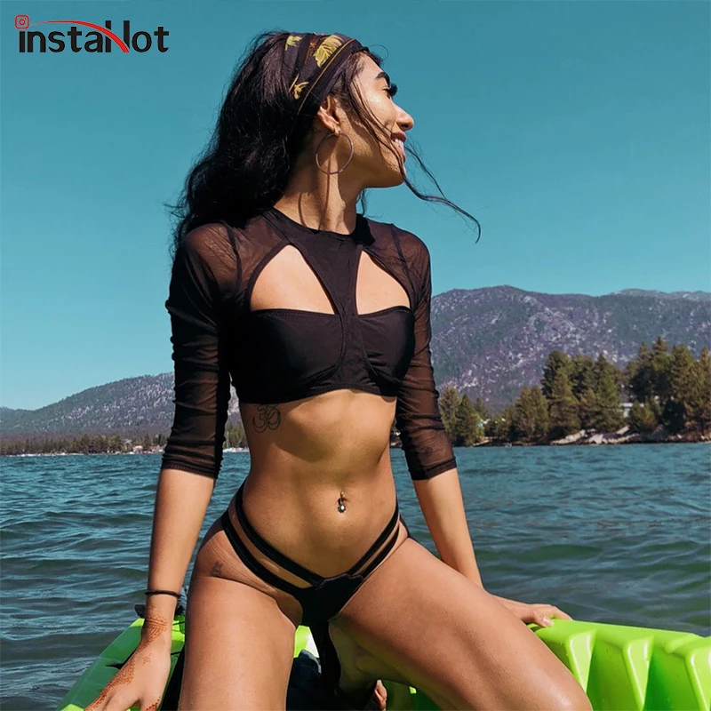 

Instahot Longsleeve Lace Mesh see-through Patchwork Crop Tops Women Solid Summer Wear Bralette Casual Women Fashion Tops