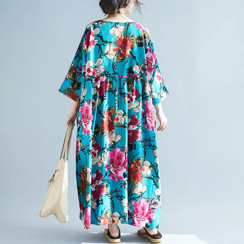 Johnature New Casual Loose Print Summer Dress Pockets Mid-calf Natural Batwing Sleeve O-neck Cotton Comfortable Women Dress