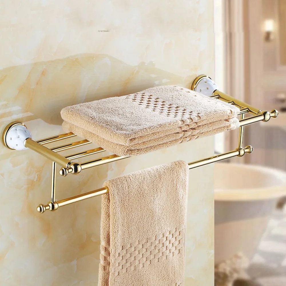 Online Luxus goldene bad zubehör mit diamant, gold finish wc papier halter handtuch bar regal pinsel halter bad hardware set