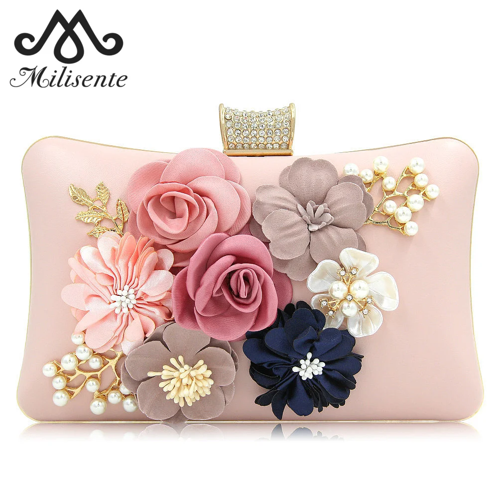 Milisente Women Evening Bags Luxury Designer Crystal Hasp Flower Bag Girls PU Leather Shoulder Bag for Wedding Female Day Clutch