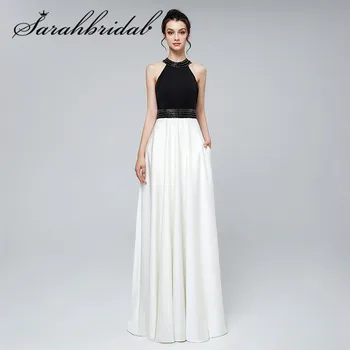 

Simple 2020 New Arrivals Prom Dresses Black And White Contrast Color Halter With Pocket Floor Length Party Evening Gown CC3122