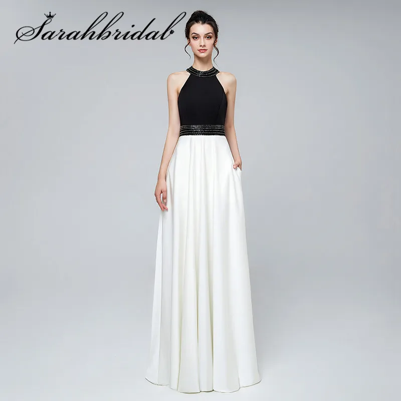 

Simple Spring New Arrivals Prom Dresses Black And White Contrast Color Halter With Pocket Floor Length Party Evening Gown CC3122