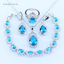 L & B plata 925 Pulsera Cielo Azul de Cristal Austriaco Sistemas de la Joyería de Las Mujeres Pendientes de Aro de circón Colgante de Collar de Boda Anillo