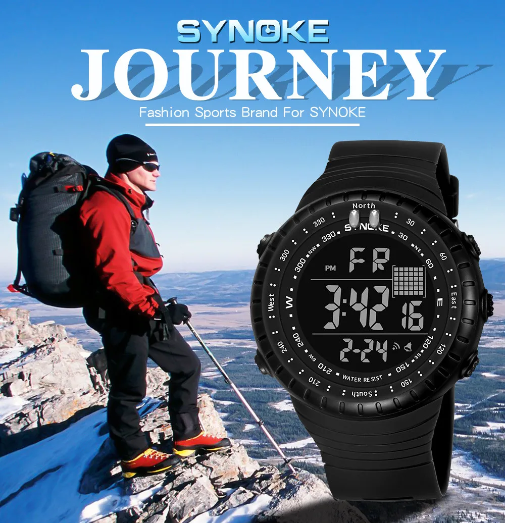 SYNOKE Multi-Function50M водонепроницаемые часы светодиодный цифровой двойной экшн Часы светодиодный военный водонепроницаемый мужские наручные часы N50