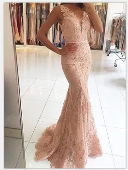 

Pink 2019 Prom Dresses Mermaid Deep V-neck Appliques Lace Women Party Maxys Long Prom Gown Evening Dresses Robe De Soiree