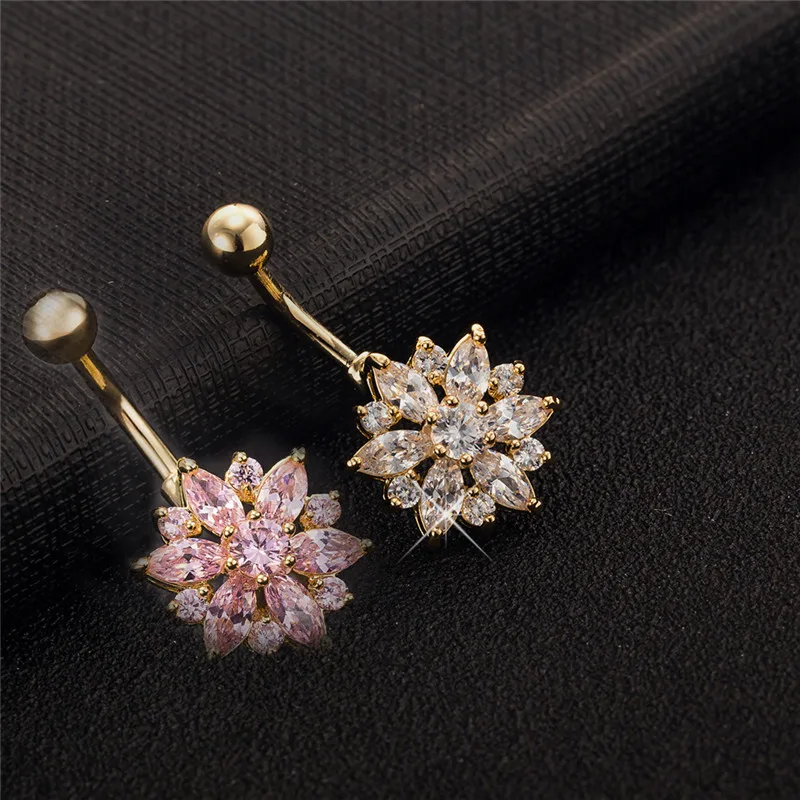 

Piercings Flower Stone CZ Women Sexy Belly Button Ring Dangle Clear Navel Bar Gold Dangle Body Jewelry Piercing