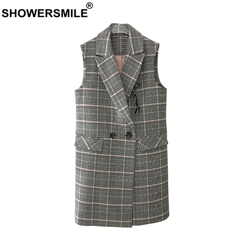 SHOWERSMILE Tartan Vest Women Checkered Waistcoat Designer Long Sleeveless Female Lapel Collar England Style Sleeveless Jackets