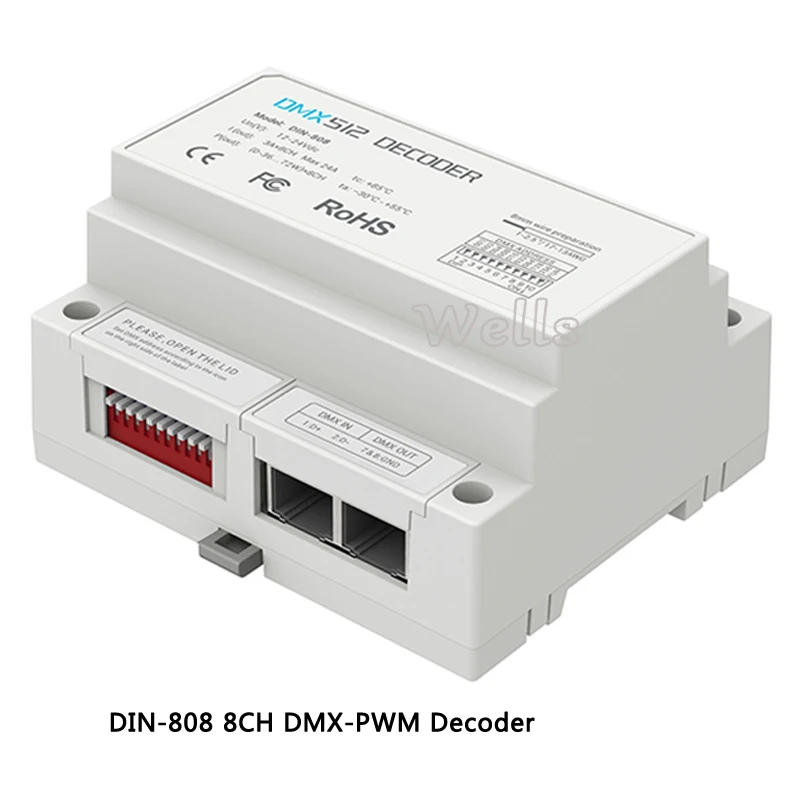 

DIN-808;8CH DMX-PWM Decoder;DC12-24V input;3A*8CH Max 24A output led comtroller for led strip light