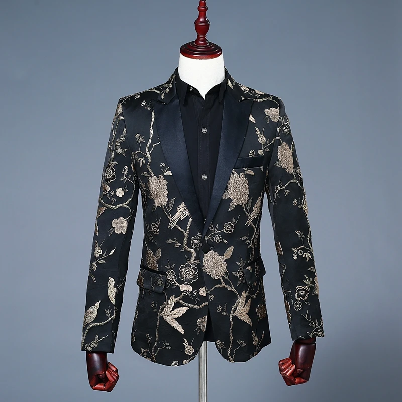 Elegant Gold Men Floral Blazer Embroidery Blazer Masculino Slim Fit Casual Vintage Blazer For